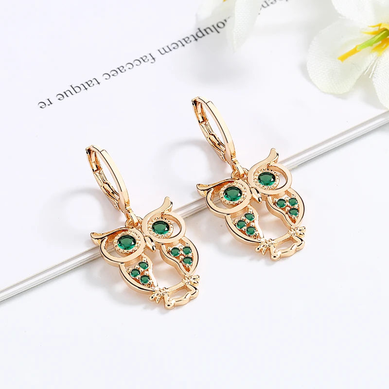 Chic Kawaii Owl Jewelry 18k Gold Plated Earring Cz Big Hanging Dangling Statement Bold Anti Allergy Joyas for Women Girls