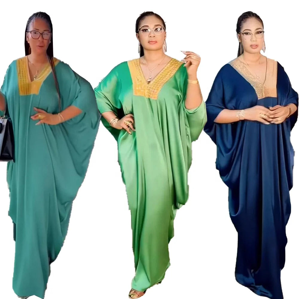 2024 Brand New Africa Dresses Deep V-neck Rhinestone African Clothing Smooth Rayon Fabric Boubou