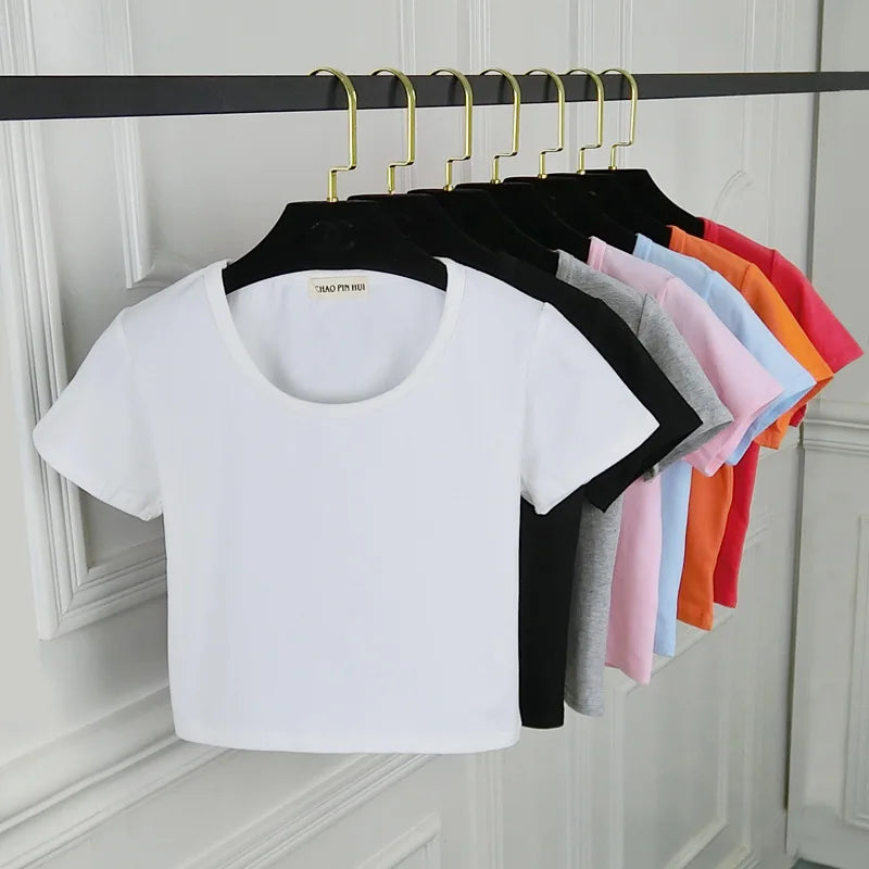 Summer Korean Casual Breathable Digital Printing Logo Plain Dyed Knitted Regular Fit T-Shirt Crop Top Women