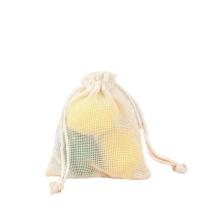Recyclable Reusable Small Cotton Fabric Produce Mesh Drawstring Bags With Customized Logo