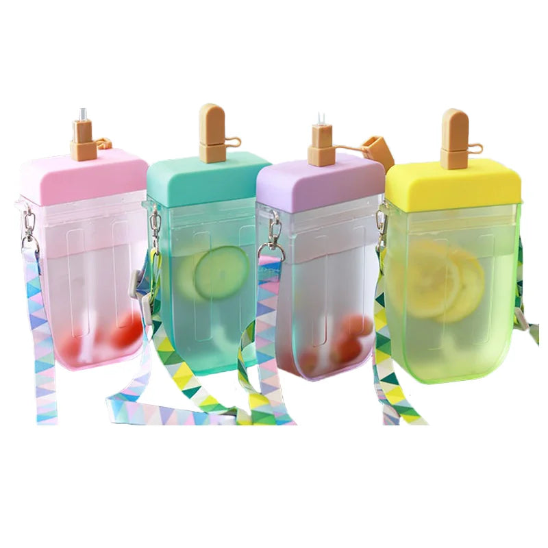 300 ML Creative Ice Cream Popsicle Water Bottle Kids With Shoulder Strap for School Girls