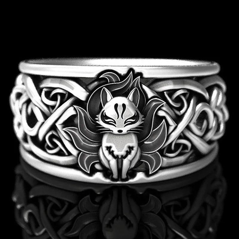 Chinese Style Vintage Nine Tailed Fox Rings for Women Girls Viking Men Trendy Ring Jewelry Viking Punk Adjust Open Finger Band