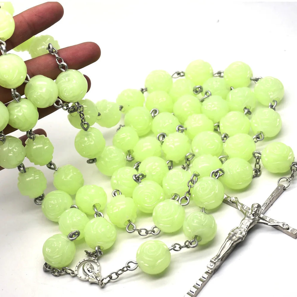 20mm Big Luminous Rose Flower Rosary Necklace Wall Hangingn Decoration Catholic Cross Wall Rosary Glow in the Dark Rosary
