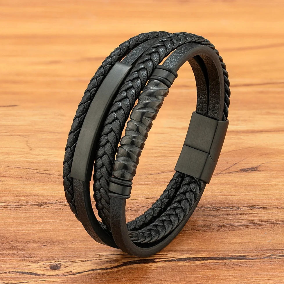 Fashion Jewelry Genuine Leather Bracelets Bangles Charm Stainless Steel Magnetic Clasp Multilayer Braided Leather Bracelet