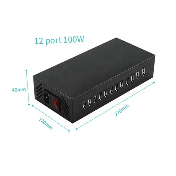 12-Port USB Charging Station Hub for Phones Tablets Multi-Device Desktop Charger with Smart IC & Safety Certification