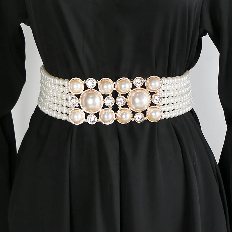 Fashion Beaded Belts for Ladies Elastic Waist Seal with Pearl Decorative Accessories Senior Sense of Style