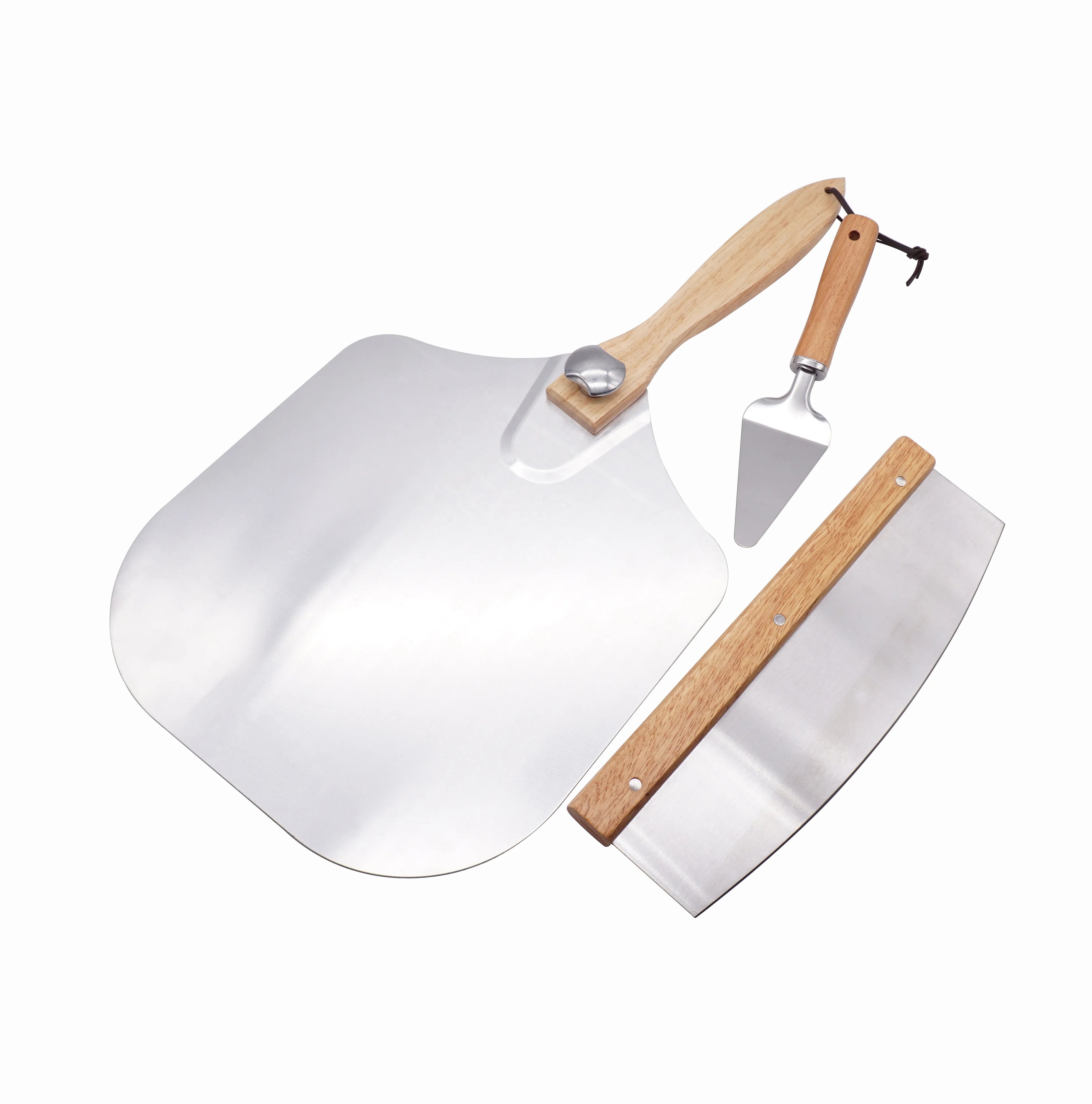 3pcs Pizza Tools Set Aluminum Pizza Shovel with Foldable Wooden Handle Convenient to Store  Pizza Paddle Peel Cutter and Server