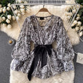 One Size Design Sense Mesh Lantern Sleeves Loose and Versatile Retro Snake Skin Pattern Celebrity Style Shirt Women's Top