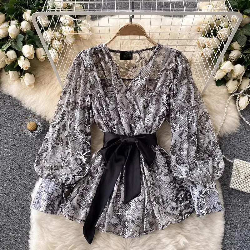 One Size Design Sense Mesh Lantern Sleeves Loose and Versatile Retro Snake Skin Pattern Celebrity Style Shirt Women's Top