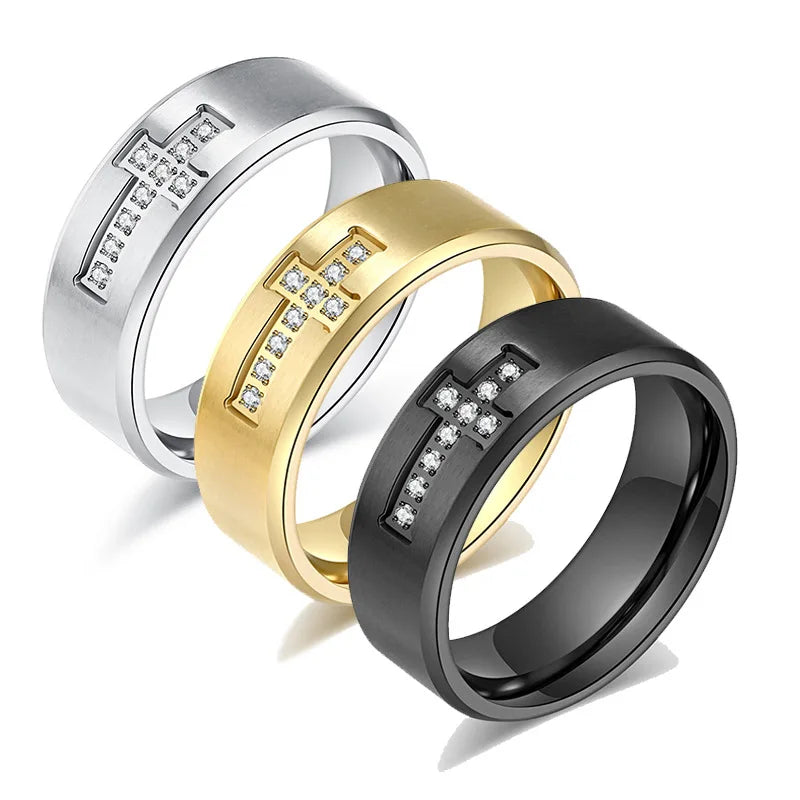 DAIHE 8mm Full Diamond Cross Stainless Steel Ring Wholesale Carved Brass Zircon Ring Jewelry