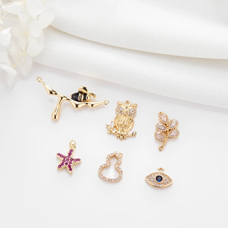 Wholesale Bee Owl Leaf Star Gourd Evil Eye Shape Brass 14K Gold Plated Cubic Zirconia Jewelry Pendant Charms for Necklace Making