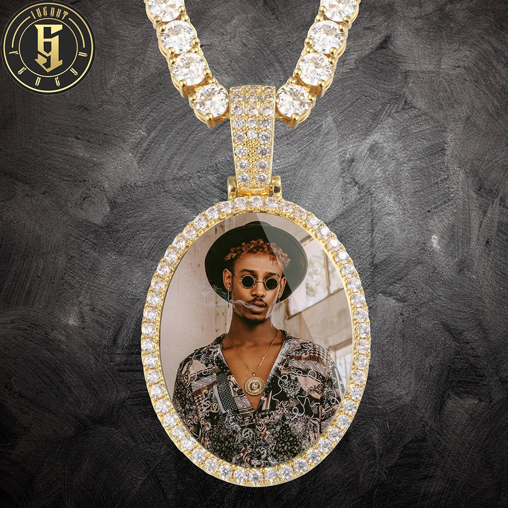 Custom Memorial Jewelry Iced Out CZ 28mm Photo Frame Charm Necklace Zircon Diamond Oval Picture Pendant Necklace
