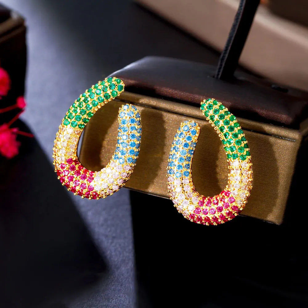 Gold Plated Micro Pave Colorful Cubic Zirconia Geometric U Shaped Party Drop Earrings for Women Valentine's Day Gift