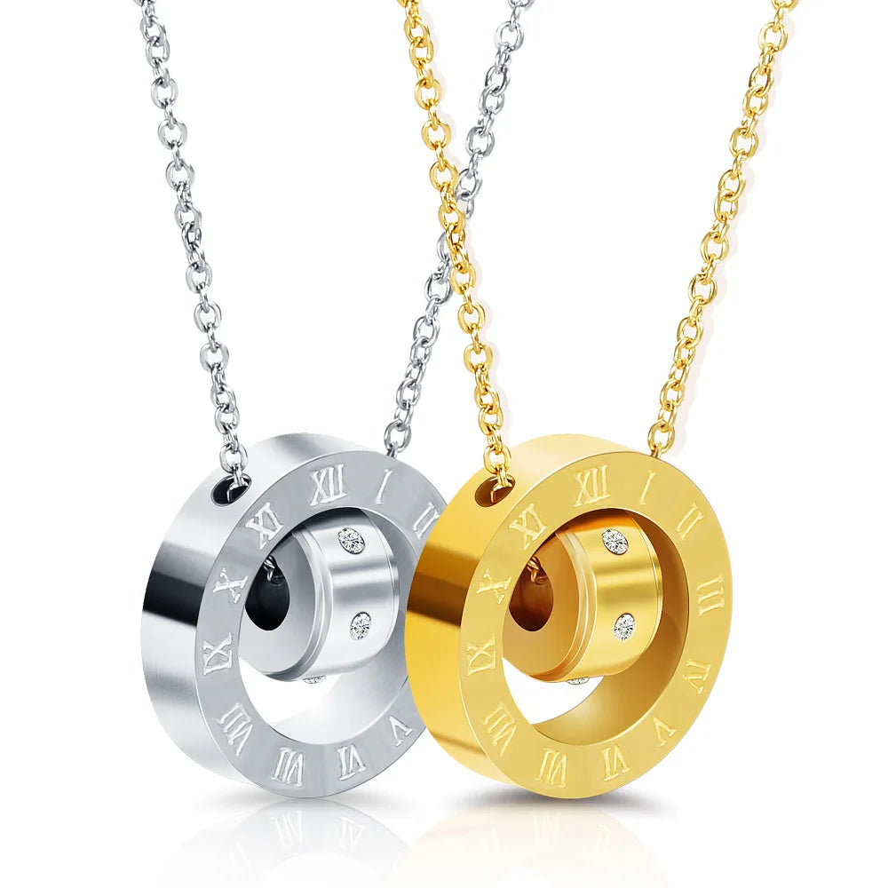 Personality Roman Digital Necklace Double Ring Hollow Stainless Steel Pendant Titanium Steel Lock Bone Chain Women Jewelry