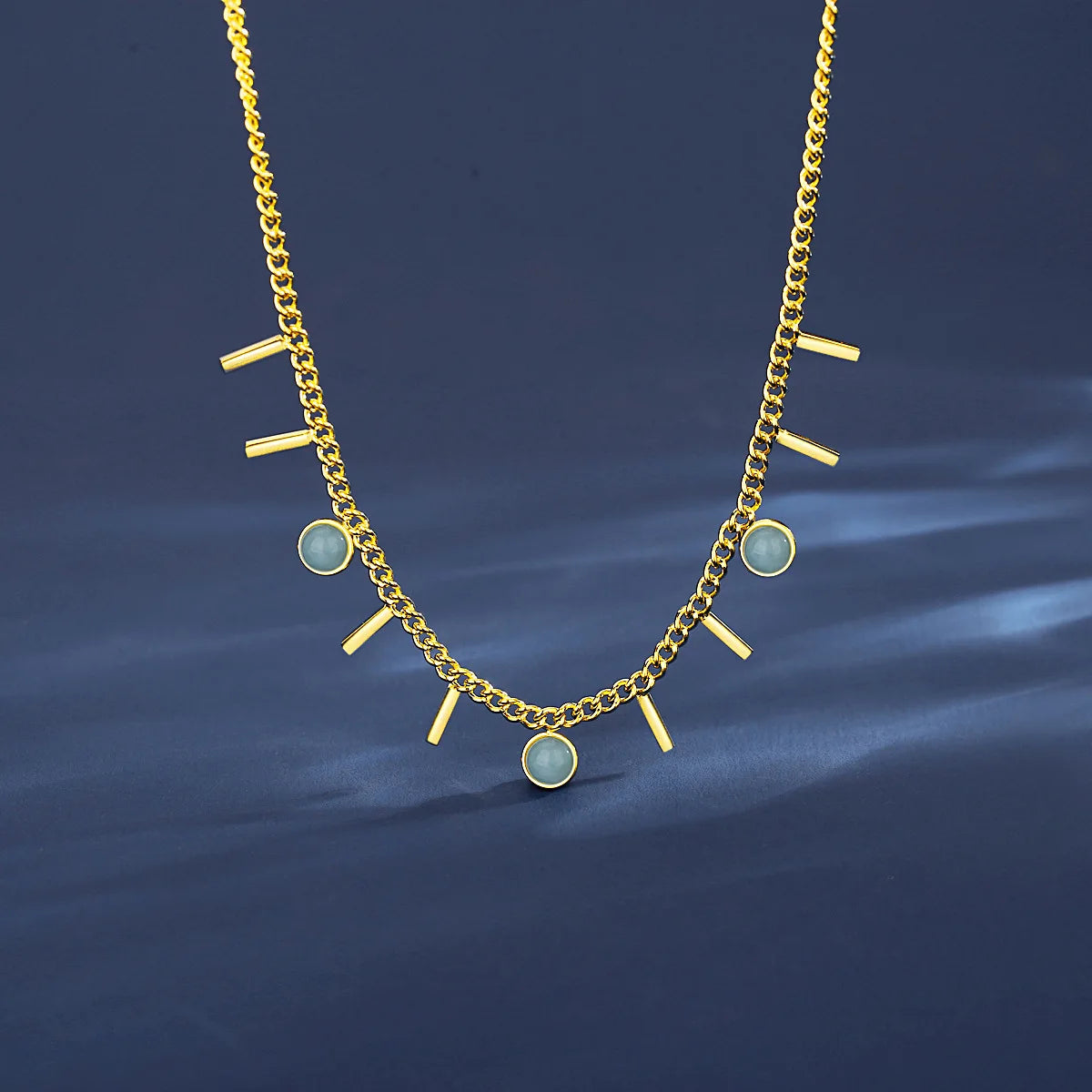 18K Gold Plated Fine Jewelry Fashionable Geometric Link Chain Necklaces with Aventurine Stones Stainless Steel Small Square Tag