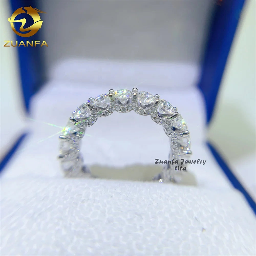 New Arrivals Iced Round 4.0mm Engagement Wedding 925 Silver Eternity Band Moissanite Diamond Ring