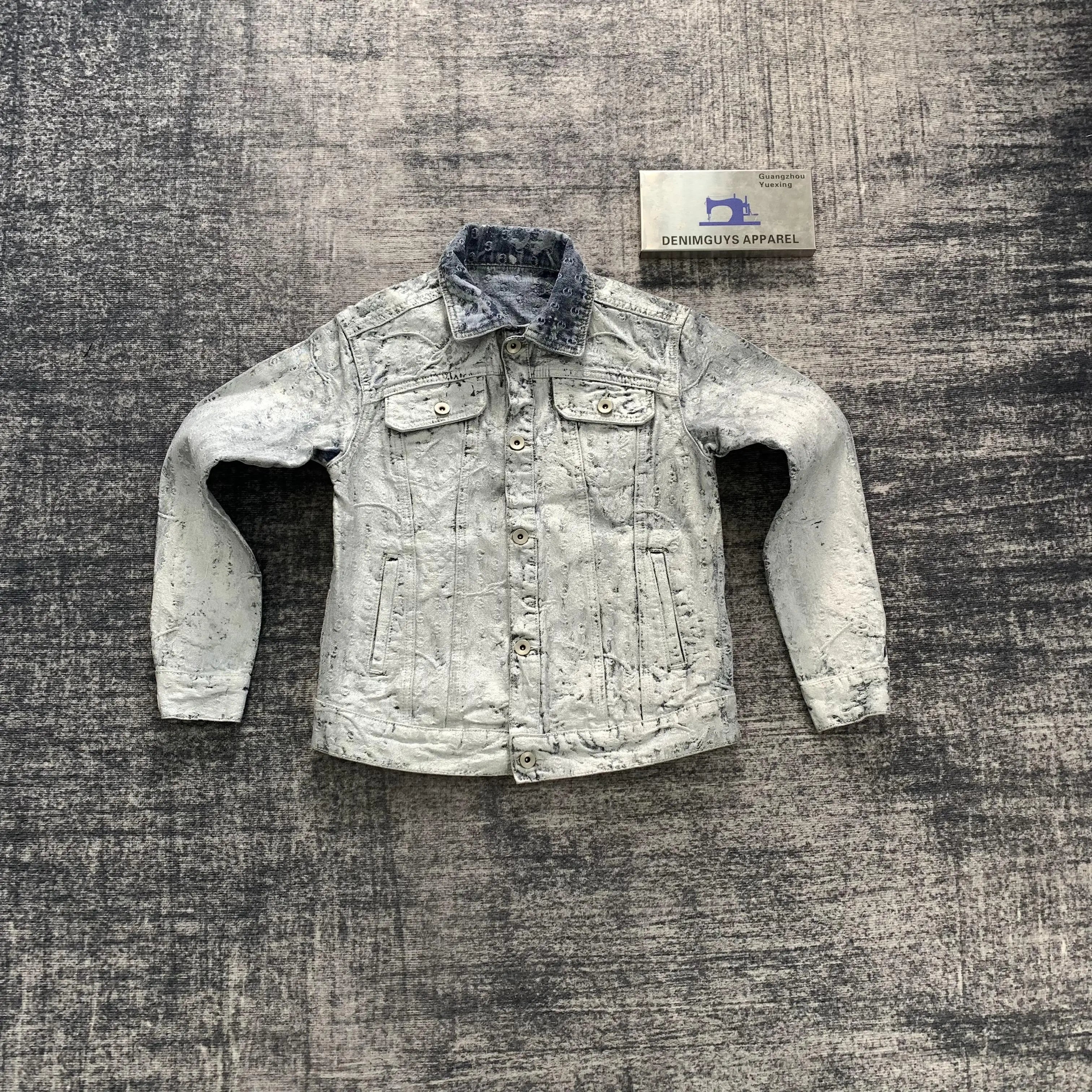 DENIMGUYS Custom Vintage Fashion Men's Paint Silver Foiled Wax Jacket Streetwear Oversized Multiple Seams Men Jackets