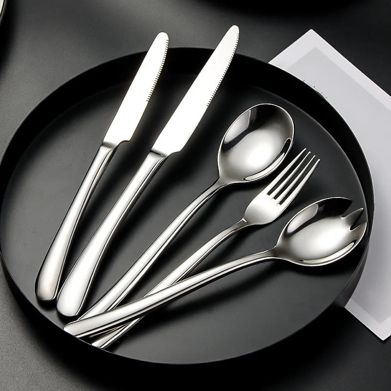 Wholesale Modern 304 Stainless Steel Mirror Polish Flatware Set Luxury Silver Cutlery with Serving Utensils for Restaurant Hotel