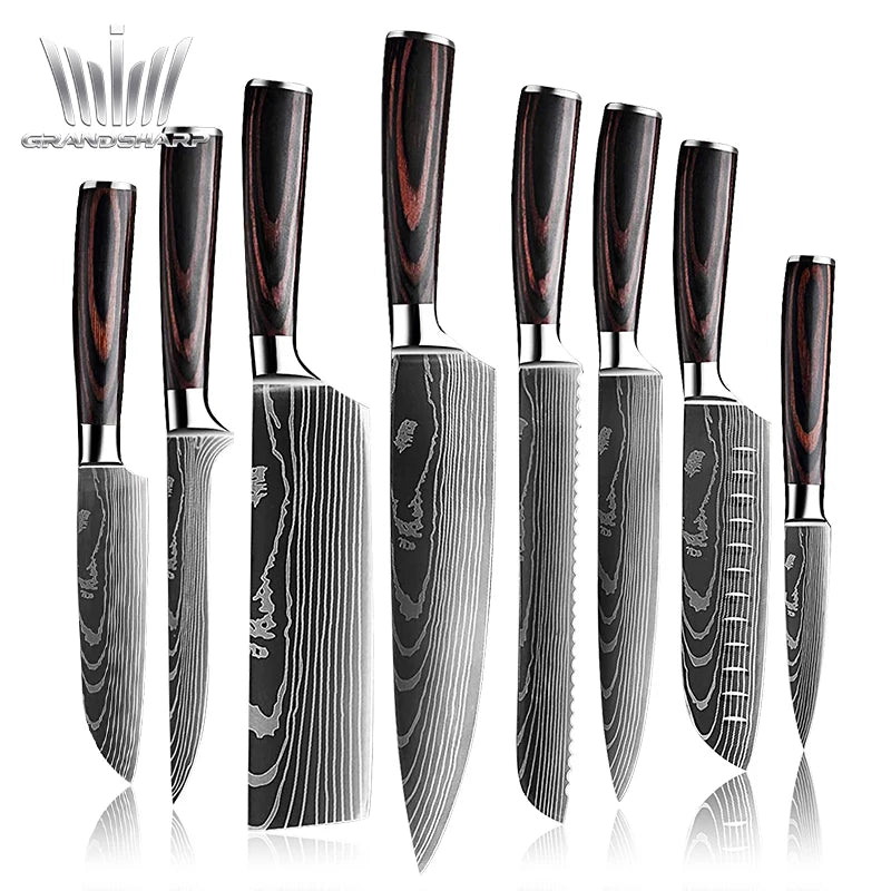 Grandsharp Japanese Kitchen Knives Set Multifunctional Cooking Knife High Carbon Stainless Steel Knife Sets Pakkawood Handle
