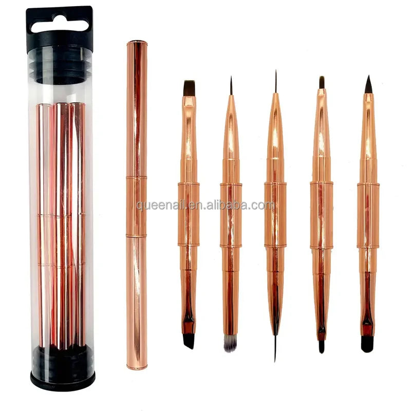 Professional Salon 5pcs Set Double Side Metal Handle Nail Art Air Brush Painting Pen Builder Gel Acrylic Nail Brush Set