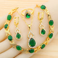 18K Gold Plated Green Crystal Jewelry Set for Women Wedding Jewelry Water Drop Pendant Earrings Open Ring Bracelet Zircon Stone