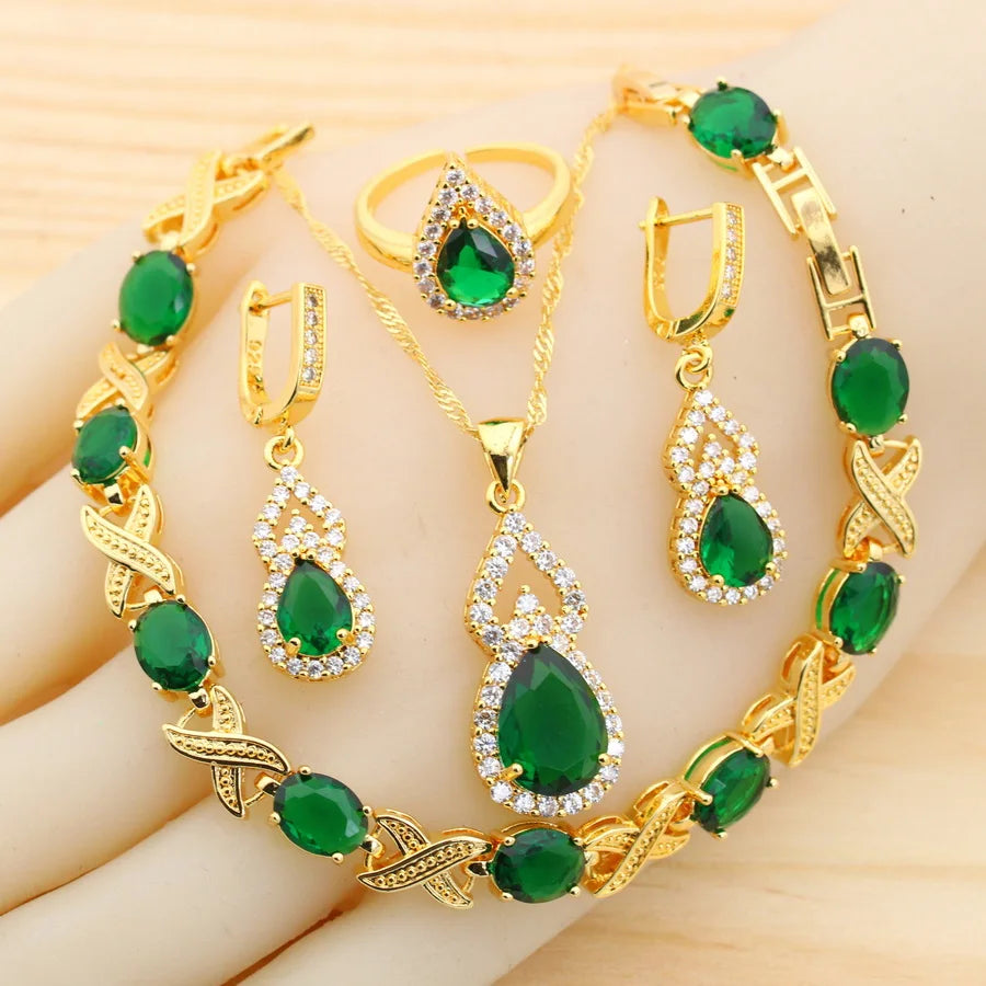 18K Gold Plated Green Crystal Jewelry Set for Women Wedding Jewelry Water Drop Pendant Earrings Open Ring Bracelet Zircon Stone