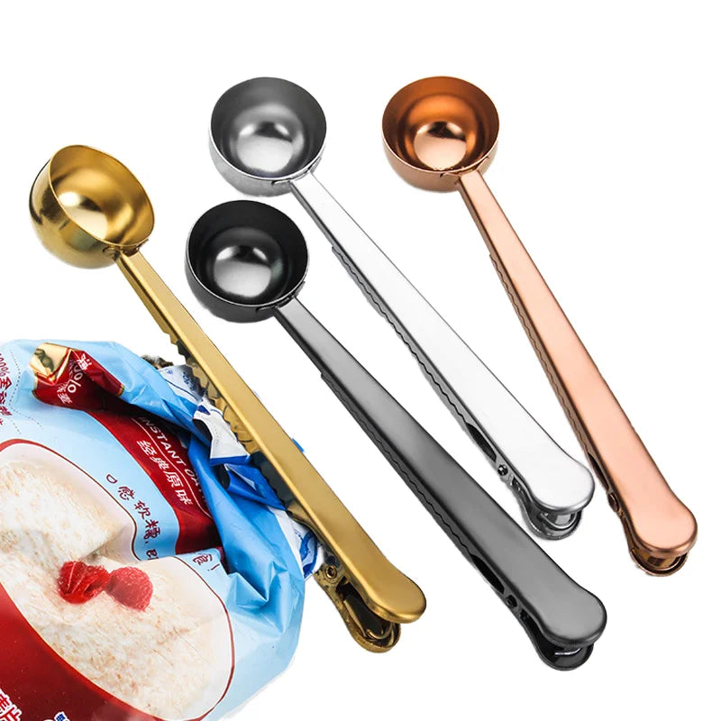 Long Handle Spoon Coffee Scoop Clip 2-in-1 Stainless Steel Coffee Measuring Spoon With Sealing Clips