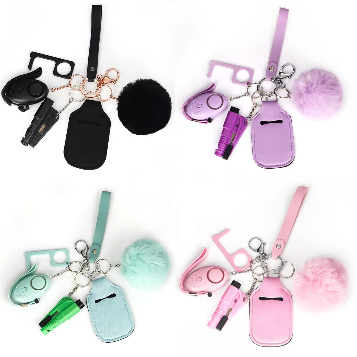 In Stock Self Defense Key Chain Pom Pom Alarm Items Metal Key Ring Self Defense Keychain Set