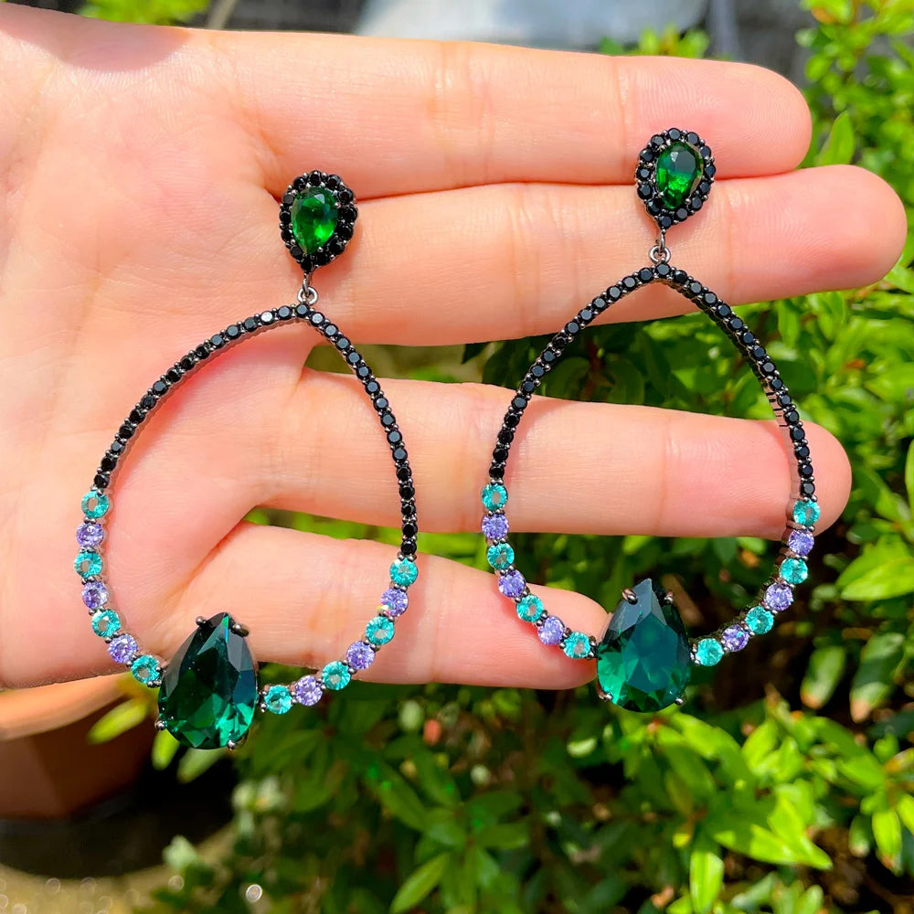 Green Black Cubic Zirconia Stone Round Drop Big Party Earring for Women American European Designer Wedding Jewelry