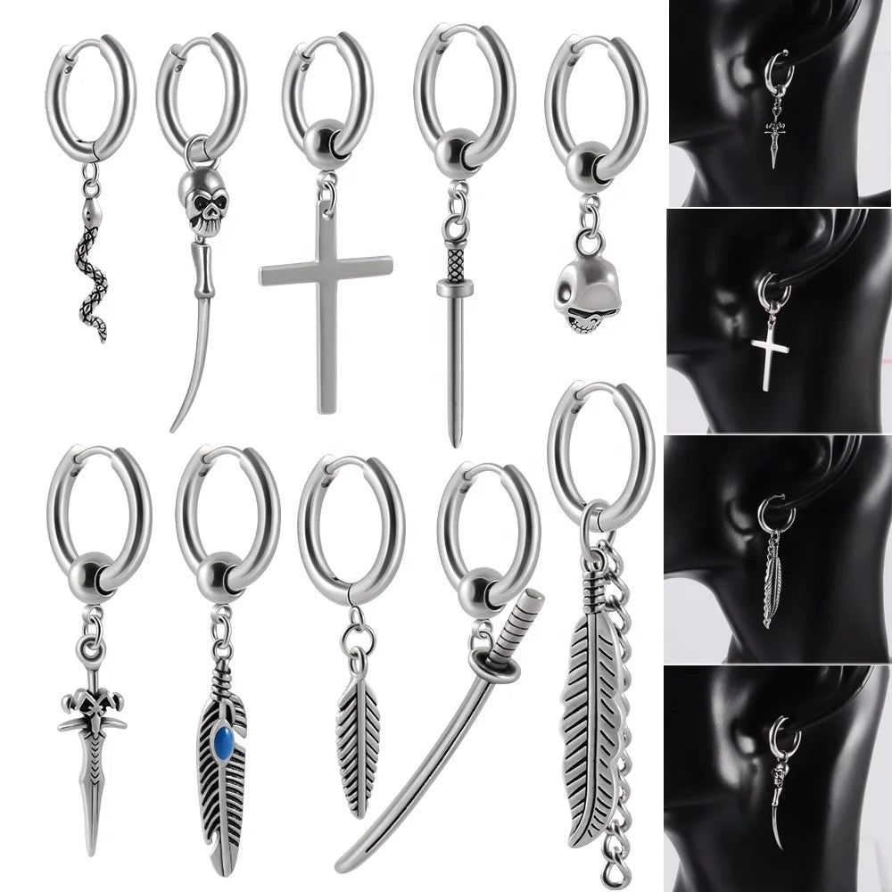 Popular Gothic Stainless Steel Ear Clip Dangle Earrings with Pearl Silver Punk Ear Drop Jewelry Wholesale for Men/Women
