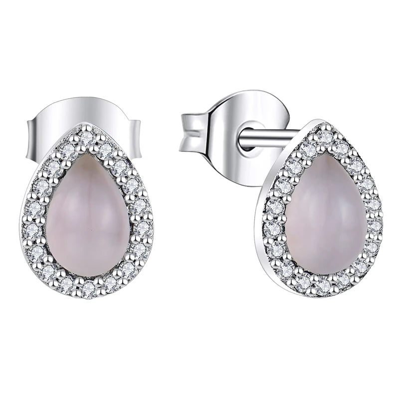 Wholesale OEM Custom Trendy Water Drop Stud Earring Jewellery Rhodium Plated 925 Sterling Silver Pink Glass Stone Earrings Women