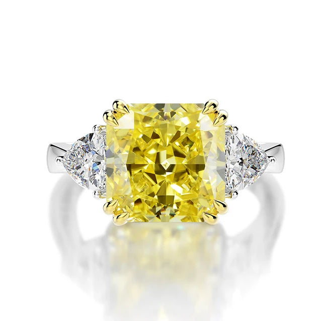 Fancy Yellow Cubic Zirconia Rhodium Plated Sterling Silver Square Shape Radiant 3 Stones Cubic Zirconia CZ Ring