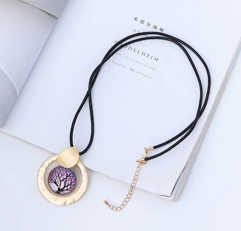 TongLing European Vintage Necklace Women Long Black Strand Rope Alloy Purple Resin Tree Pendant Necklace
