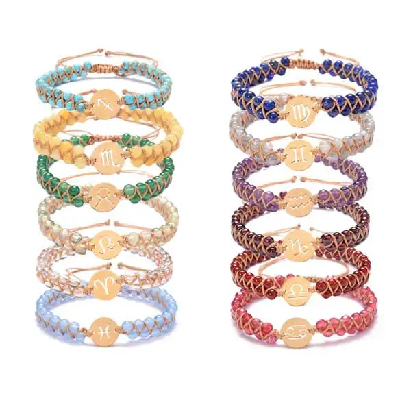 Hot Sale Handmade Jewelry Bracelets 4mm All Natural Stone Beads Double Layer Braided Personalized 12 Zodiac Charm Bracelets