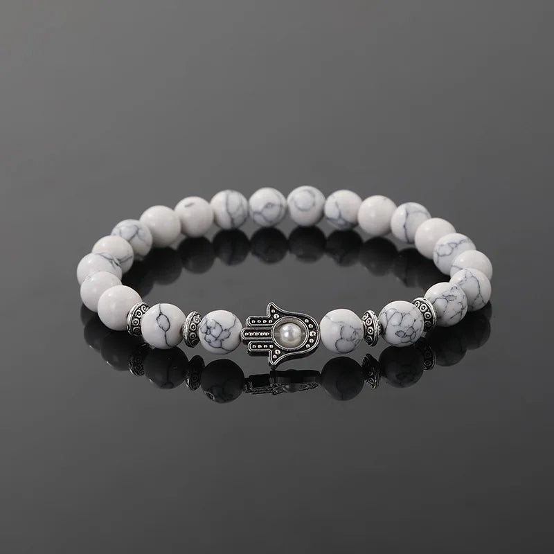 8mm Handmade Elastic Healing Gemstone Beads Vintage Silver Spacer Hands of the Virgin Mary Charm Beaded Couples Bracelets