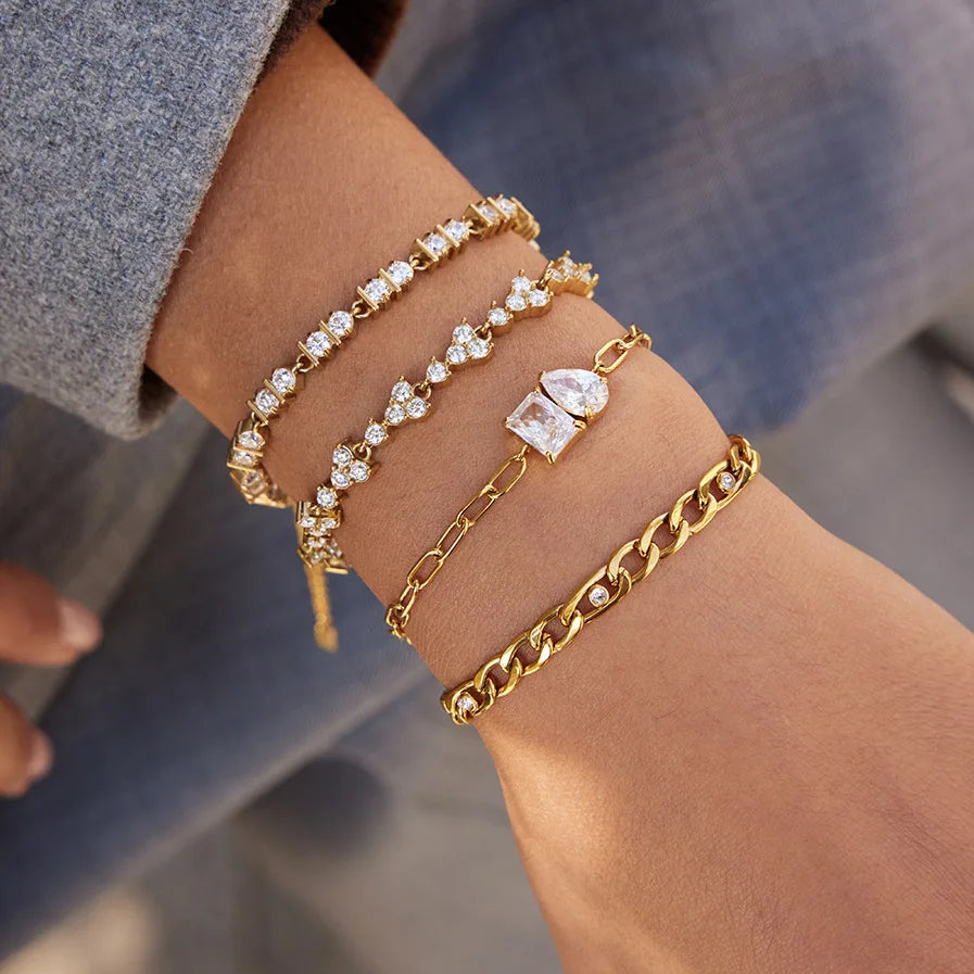 QISEN Non Tarnish Stackable CZ Zirconia Bracelet 18K Gold Stainless Steel Zircon Tennis Bracelet Waterproof Jewelry Women
