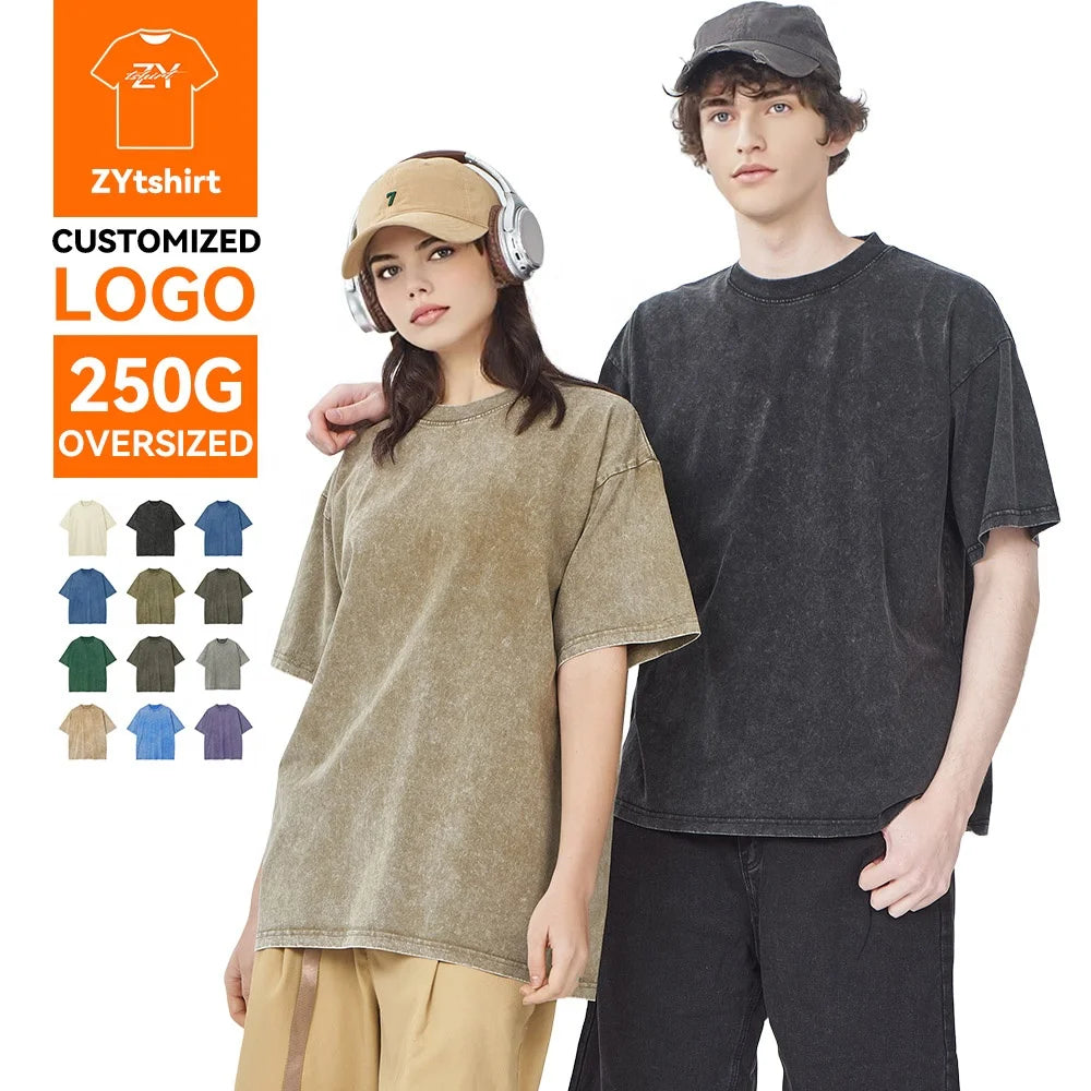 ZYTshirt Customized 250GSM Vintage Acid Wash Cotton Oversized T Shirt for Streetwear HipHop with Screen Printing