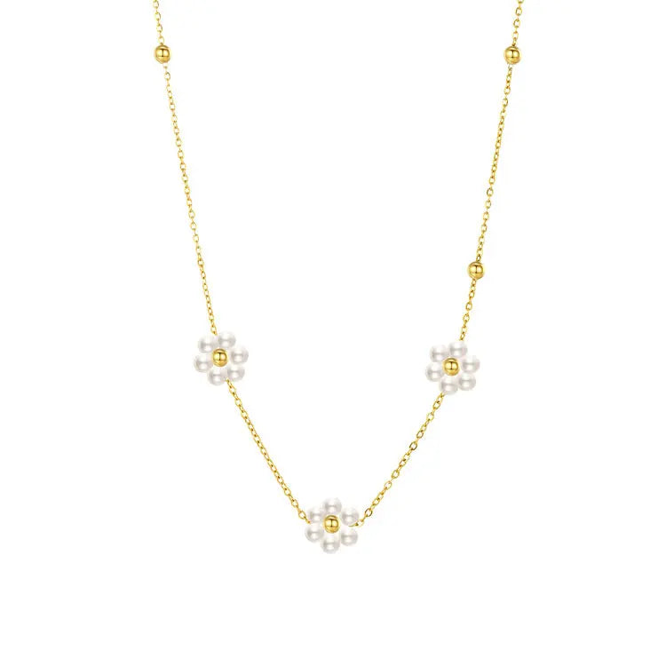 SC No Fade 14K Gold Plated Stainless Steel Thin Chain Necklace Teen Girls Summer Sweet Pearl Flower Choker Necklace Bracelet