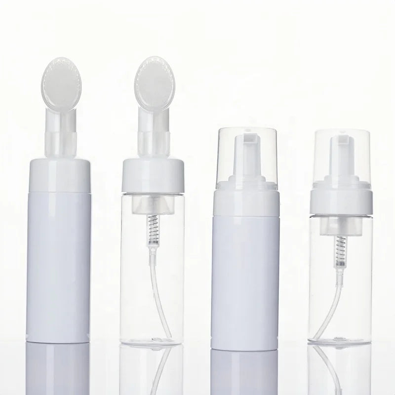 Custom PET Plastic Foam Pump Bottles 100ml 200ml Mousse Silicone Brush Head for Cosmetic Makeup Facial Cleanser Face Wash Soap