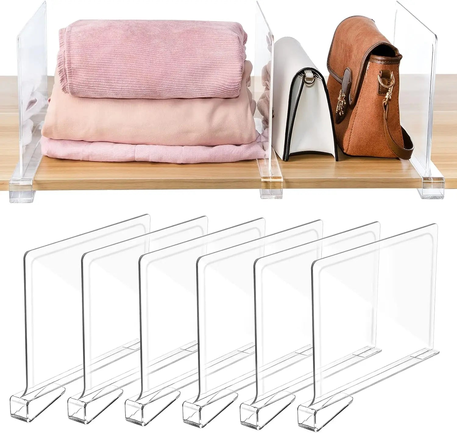6 Pack Acrylic Clear Plastic Shelf Dividers Closet Organization Wood Shelves Organizer Cabinets Bedroom Clothes Purses Storage