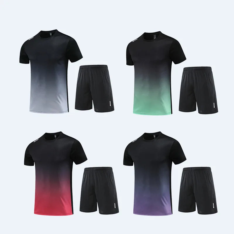 Summer Sports Suit Men's Fitness Wear Running Casual T-shirt Gradient Sports Shorts Quick Drying Short-sleeved Training Wear