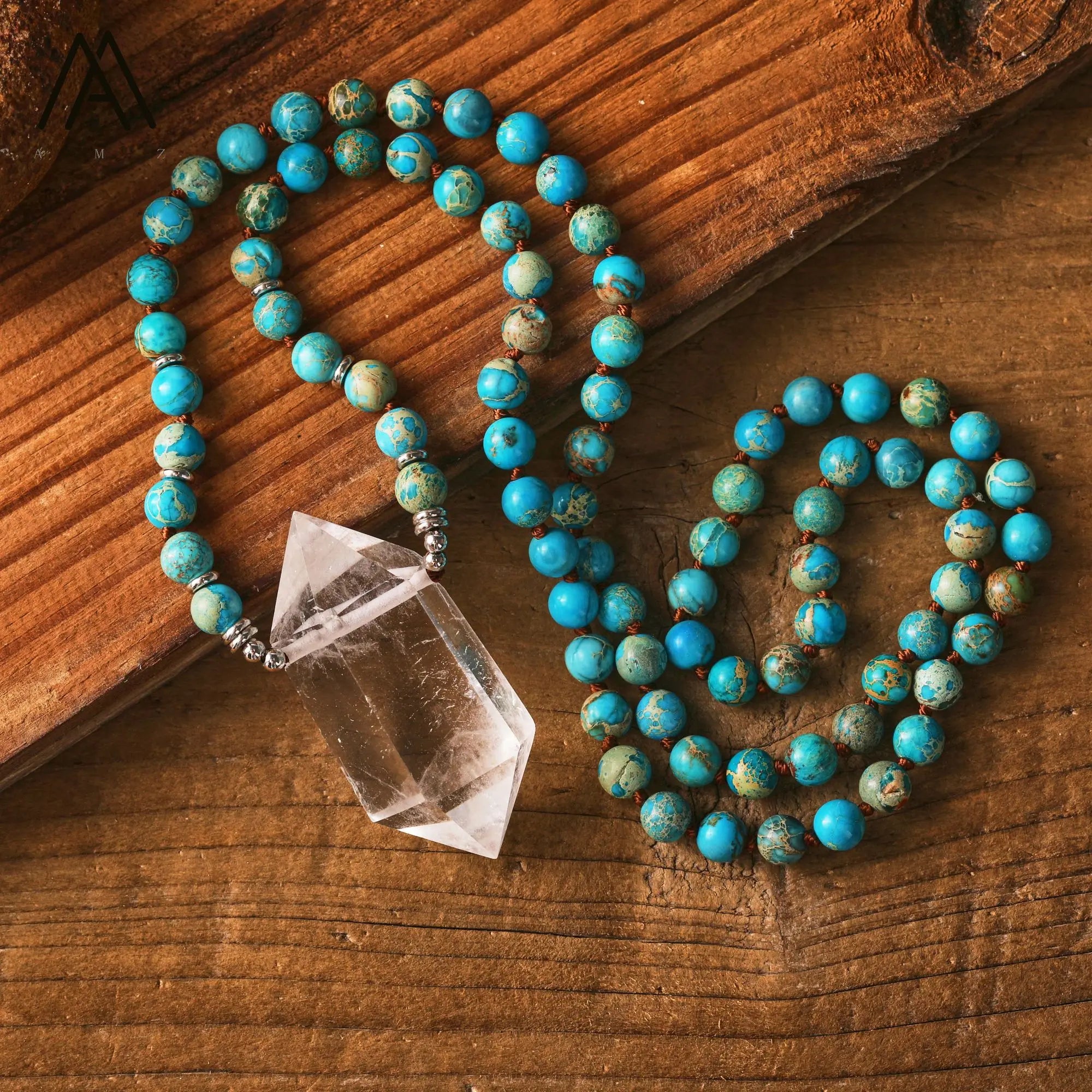 Imperial Jasper Mala Bead Classic Style Clear Crystal Quartz Double-Point Chakra Pendant for Prayer & Wedding Gift Necklace