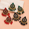 Gold Color Circular Carved Flower Dangle Earrings Vintage Ethnic Baroque Style Tassel Drop Set With Rhinestone for Women Jewelry