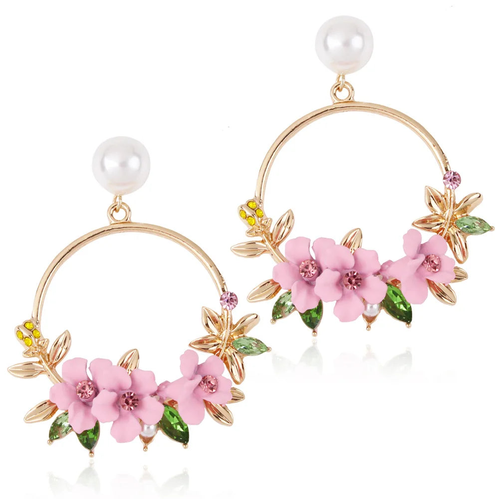 Gold Plated Hoop Pearl Stud Earrings Jewelry Women Sweet Flower Polymer Clay Earrings Hoop
