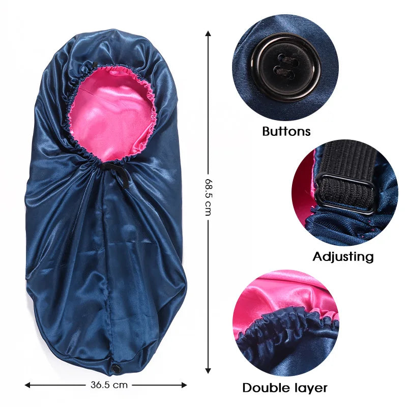 Long Satin Sleep Cap Wholesale Adjustable Double Layers Large Size Satin Hair Wrap Long Reversible Hair Bonnet With Button