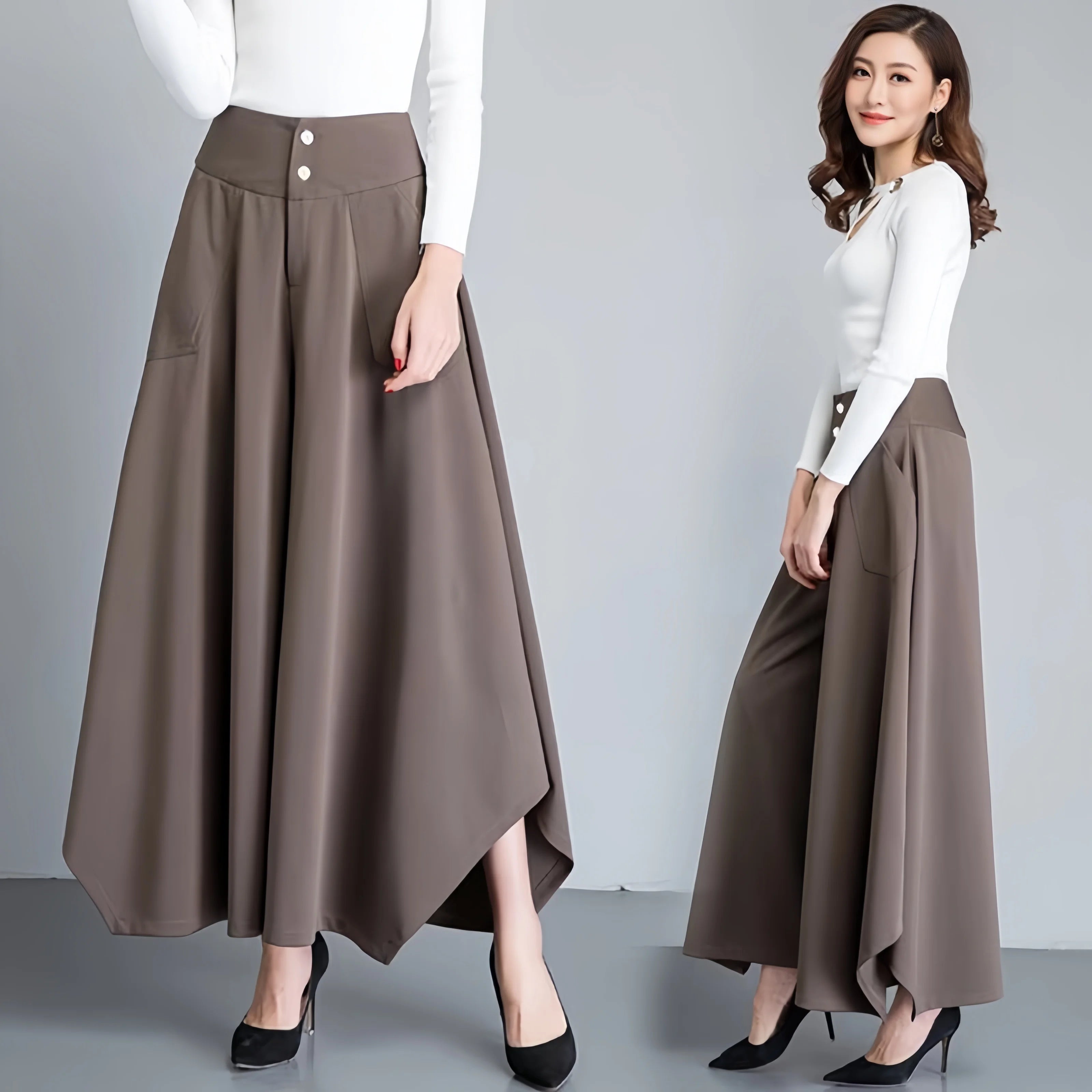 New Women Loose Wide Leg Pants High Waist Buttons Pockets Irregular Trousers Angle Length Lady Spring Summer Casual Pants