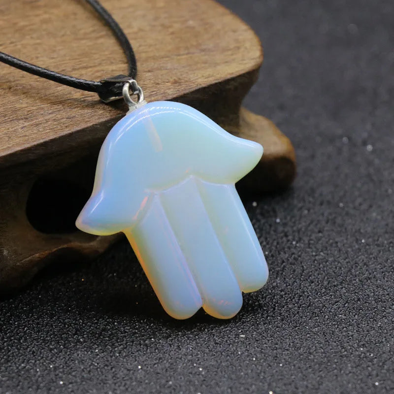 Huiying Diy Natural Gemstone Opalite Stone Fatima Hand Shape Jewelry Pendant Charm for Necklace Jewelry