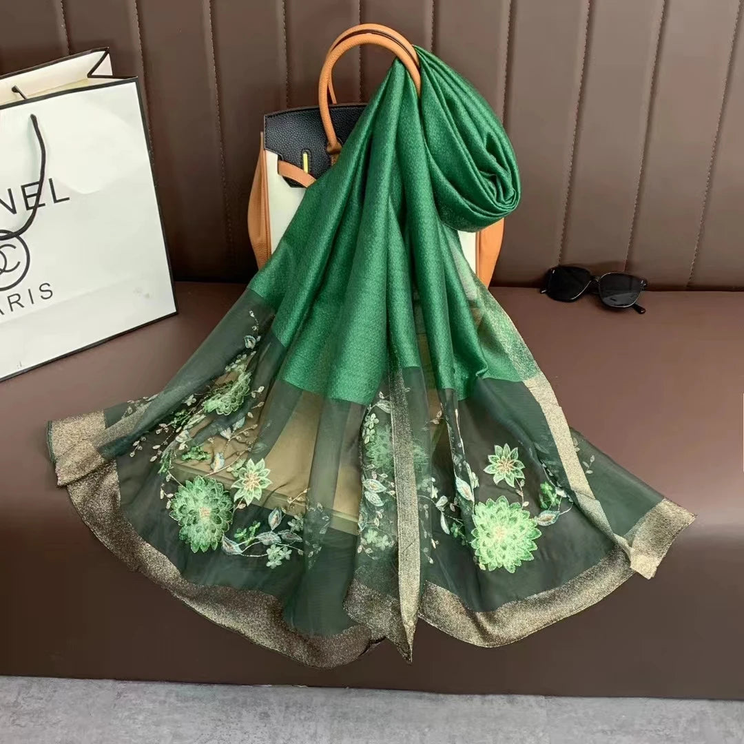 2026 High-End Soft Fashionable Women's Silk Shawl Flock Printed Customized Flower Embroidered Long Accessories Daily Party
