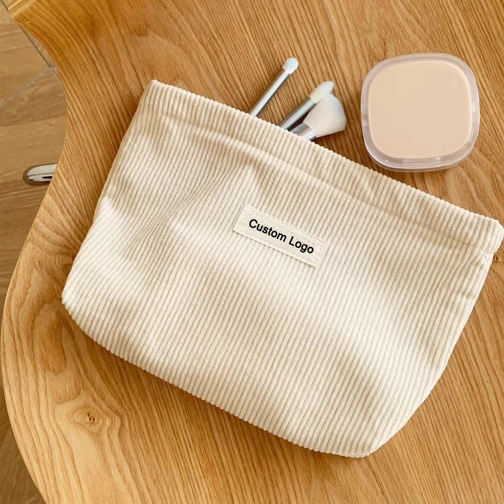 Customized Light Yellow Tsa Travel Size Soft Corduroy Makeup Cosmetic Bag with Zipper for Women