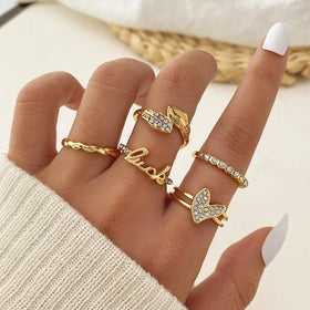 VKME New Rhinestone Gold Color Heart Letter Ring Set for Women Jewelry